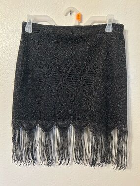 Black Fringe Knit Mini Skirt